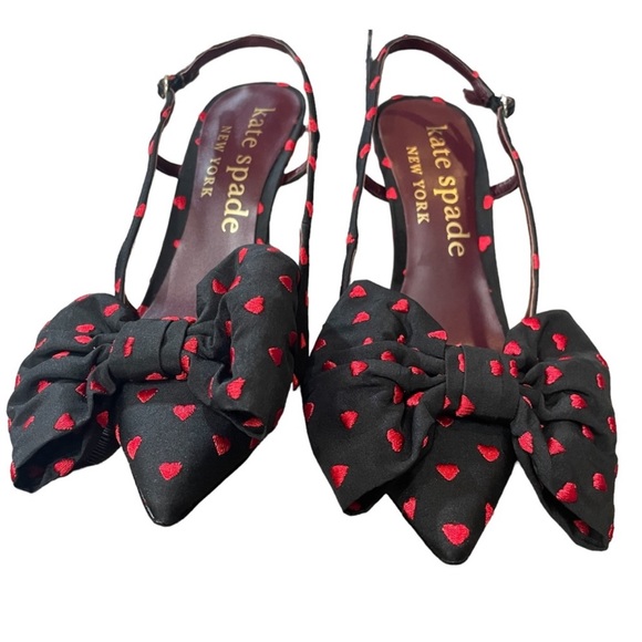 kate spade Shoes - Kate Spade NWOT Black Red Hearts Slingback Heels Sheela with Bow New Size 8